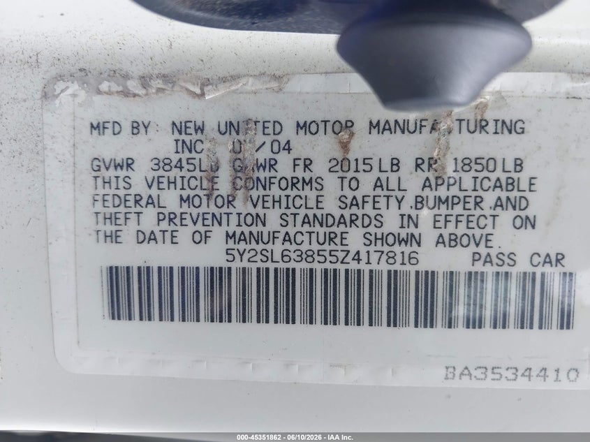 2005 Pontiac Vibe VIN 5Y2SL63855Z417816 IAAI salvage auction — NORMAL WEAR, Clear (Pennsylvania), sold $175 on 2026-07-08 (photo 9)