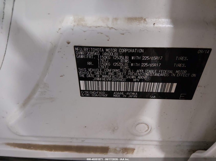 2015 Toyota Rav 4 VIN JTMRFREV9FD099403 IAAI salvage auction — HAIL, Salvage (Iowa), sold $4,200 on 2026-07-14 (photo 9)