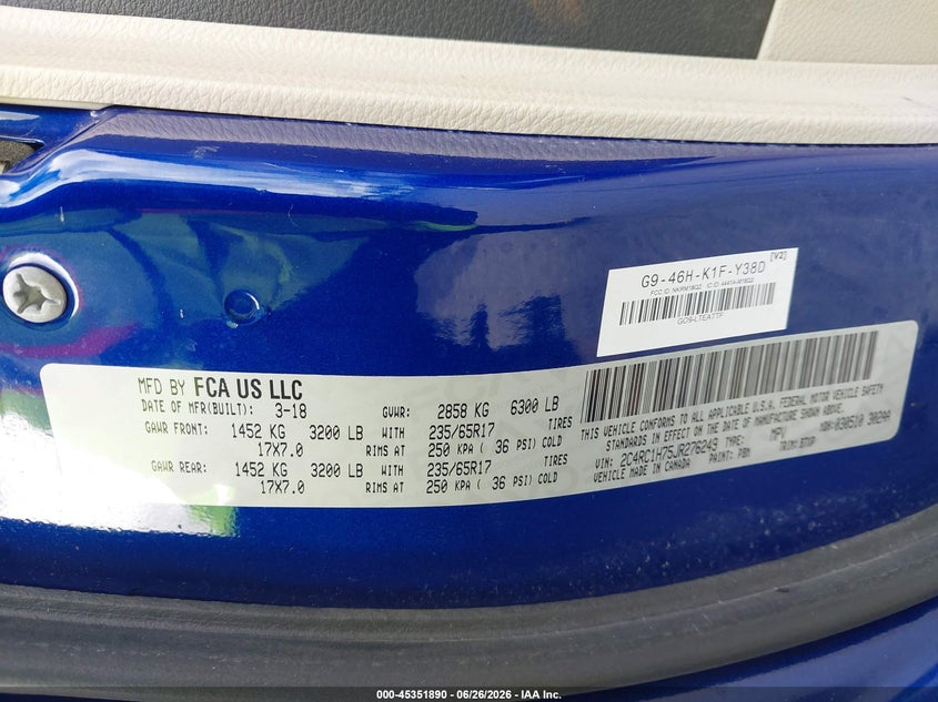 2018 Chrysler Pacifica VIN 2C4RC1H75JR276249 IAAI salvage auction — NORMAL WEAR, Sf97 (Washington), sold $525 on 2026-07-29 (photo 9)