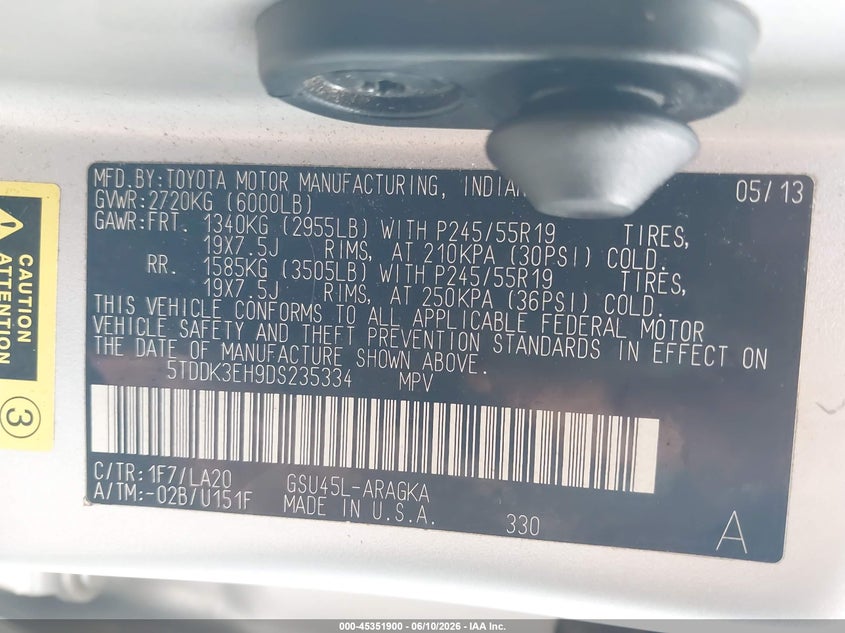 2013 Toyota Highlander VIN 5TDDK3EH9DS235334 IAAI salvage auction — NORMAL WEAR, Clear (Tennessee), sold $3,175 on 2026-07-08 (photo 9)