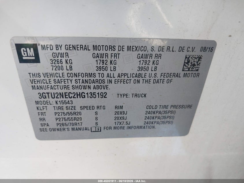 2017 Gmc SIERRA VIN 3GTU2NEC2HG135192 IAAI salvage auction — REAR END, Salvage (California), sold $6,800 on 2026-07-24 (photo 9)