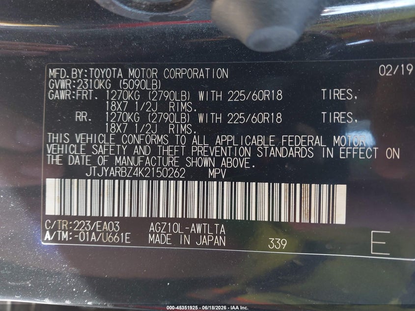2019 Lexus Nx VIN JTJYARBZ4K2150262 IAAI salvage auction — FRONT END, Original (Texas), sold $6,500 on 2026-07-28 (photo 9)