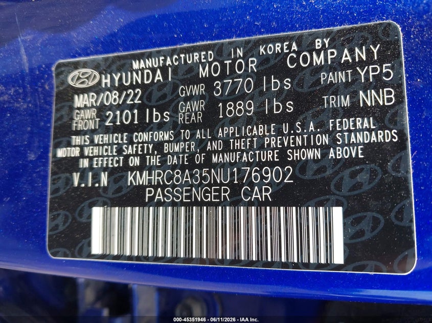 2022 Hyundai Venue VIN KMHRC8A35NU176902 IAAI salvage auction — REAR END, Salvage (Virginia), sold $2,975 on 2026-07-20 (photo 9)