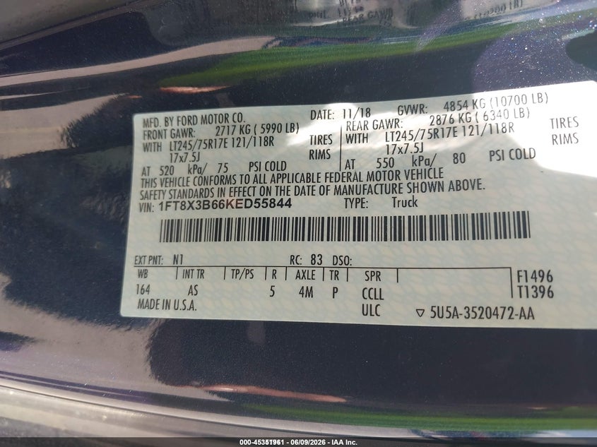 2019 Ford F-350 VIN 1FT8X3B66KED55844 IAAI salvage auction — NORMAL WEAR, Sf97 (New York), sold $26,500 on 2026-07-23 (photo 9)