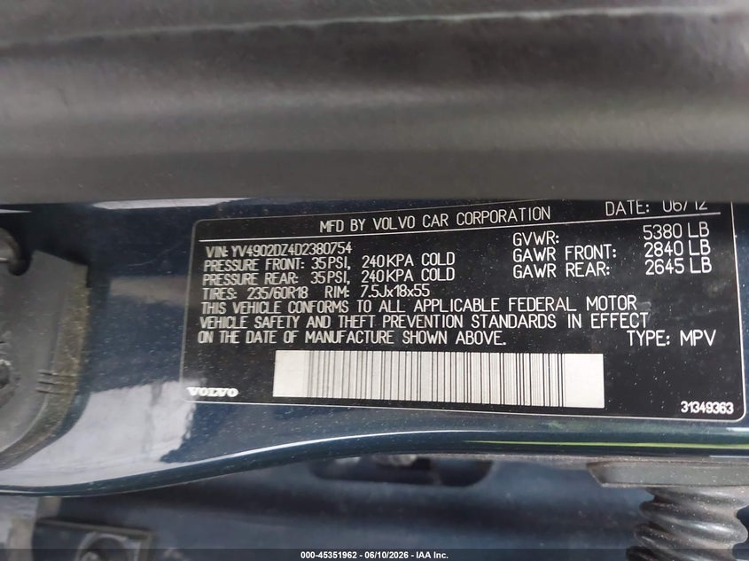 2013 Volvo Xc60 VIN YV4902DZ4D2380754 IAAI salvage auction — NORMAL WEAR, Salvage Title, sold $1,300 on 2026-07-08 (photo 9)