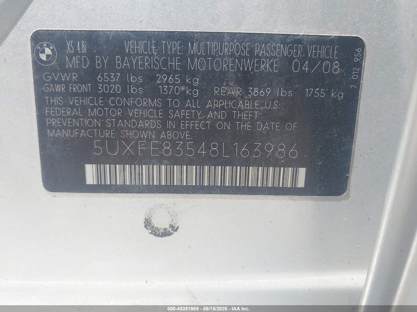 2008 BMW X5 VIN 5UXFE83548L163986 IAAI salvage auction — NORMAL WEAR, Clear-Endorsement (Wisconsin), sold $350 on 2026-07-09 (photo 9)