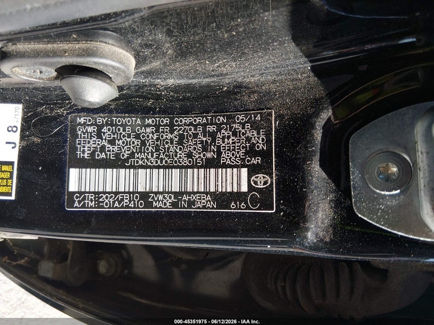 2014 Toyota Prius VIN JTDKN3DU0E0380151 IAAI salvage auction — REAR END, Salvage (Illinois), sold $900 on 2026-07-28 (photo 9)