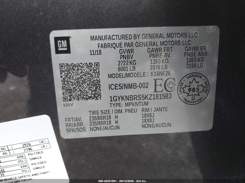 2019 Cadillac Xt5 VIN 1GYKNBRS5KZ181583 IAAI salvage auction — FRONT END, Salvage Title, sold $3,000 on 2026-07-29 (photo 9)