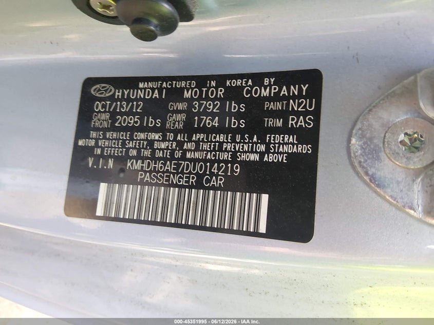 2013 Hyundai Elantra VIN KMHDH6AE7DU014219 IAAI salvage auction — UNKNOWN, Salvage Title, sold $275 on 2026-07-28 (photo 9)