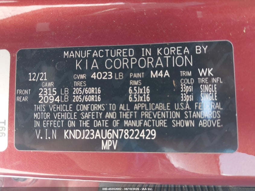 2022 Kia Soul VIN KNDJ23AU6N7822429 IAAI salvage auction — FRONT END, Salvage (Arkansas), sold $1,400 on 2026-08-02 (photo 9)