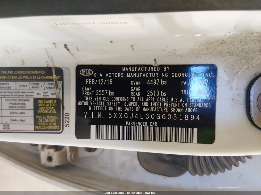 2016 Kia Optima VIN 5XXGU4L30GG051894 IAAI salvage auction — FRONT END, Salvage (North Dakota), sold $1,400 on 2026-07-23 (photo 9)