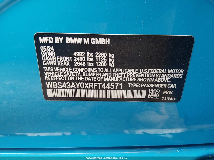 2024 BMW M3 VIN WBS43AY0XRFT44571 IAAI salvage auction — FRONT END, Salvage (Massachusetts), sold $38,250 on 2026-07-30 (photo 9)