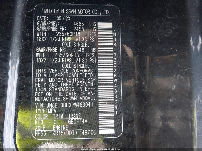 2023 Nissan Rogue VIN JN8BT3BBXPW483041 IAAI salvage auction — BIOHAZARD/CHEMICAL, Mv-907A (New York), sold $2,925 on 2026-07-16 (photo 9)