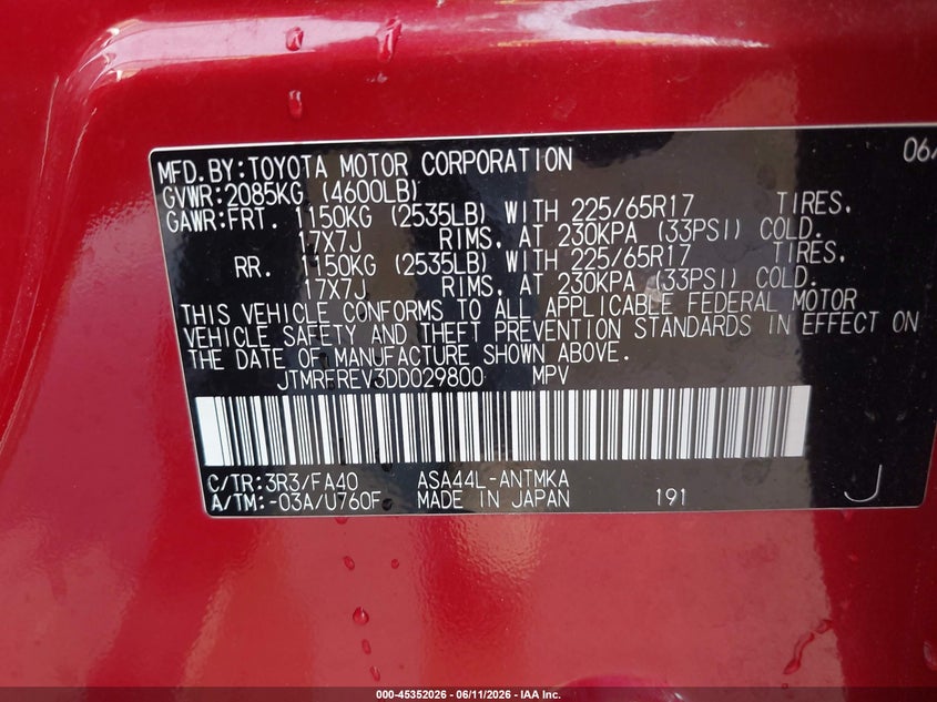 2013 Toyota Rav 4 VIN JTMRFREV3DD029800 IAAI salvage auction — SIDE, Salvage - Greater Than 75% (Maryland), sold $5,750 on 2026-07-23 (photo 9)