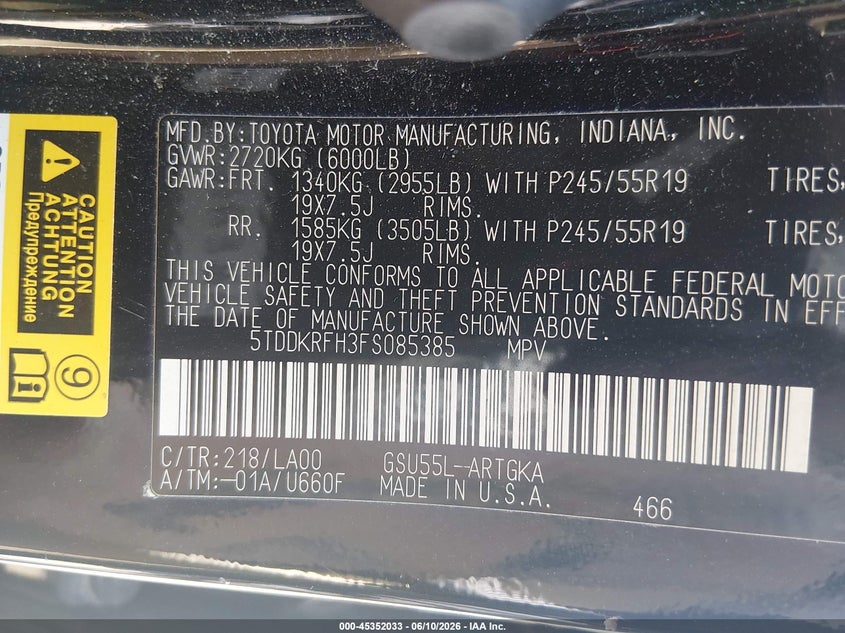 2015 Toyota Highlander VIN 5TDDKRFH3FS085385 IAAI salvage auction — REAR END, Salvage (Minnesota), sold $7,700 on 2026-08-02 (photo 9)