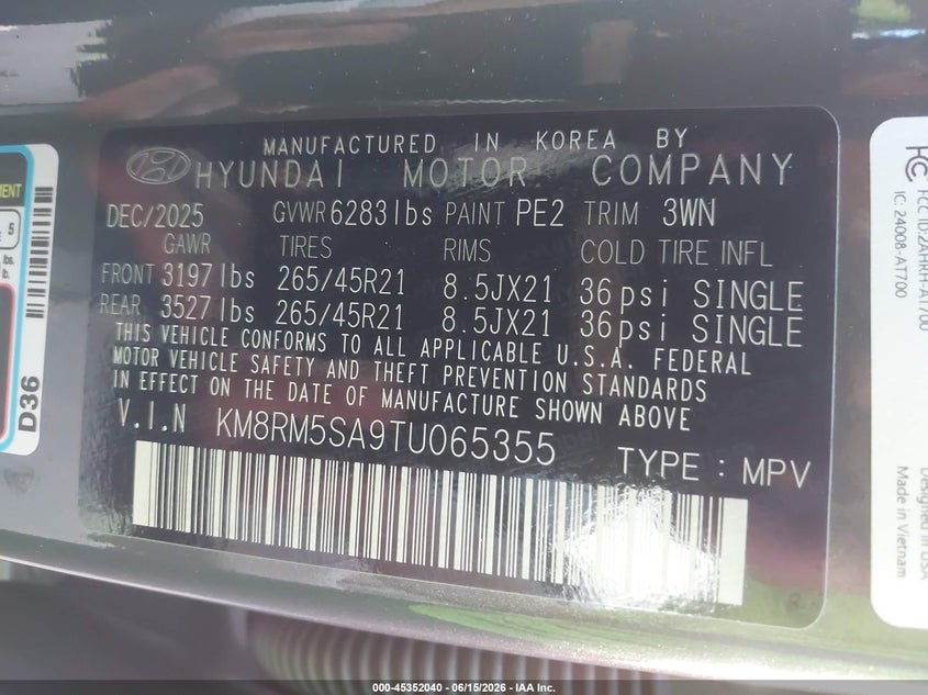 2026 Hyundai Palisade VIN KM8RM5SA9TU065355 IAAI salvage auction — REAR END, Salvage Title, sold $13,000 on 2026-07-22 (photo 9)