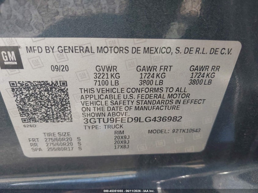 2020 Gmc SIERRA VIN 3GTU9FED9LG436982 IAAI salvage auction — REAR END, Salvage (North Carolina), sold $12,000 on 2026-07-09 (photo 9)