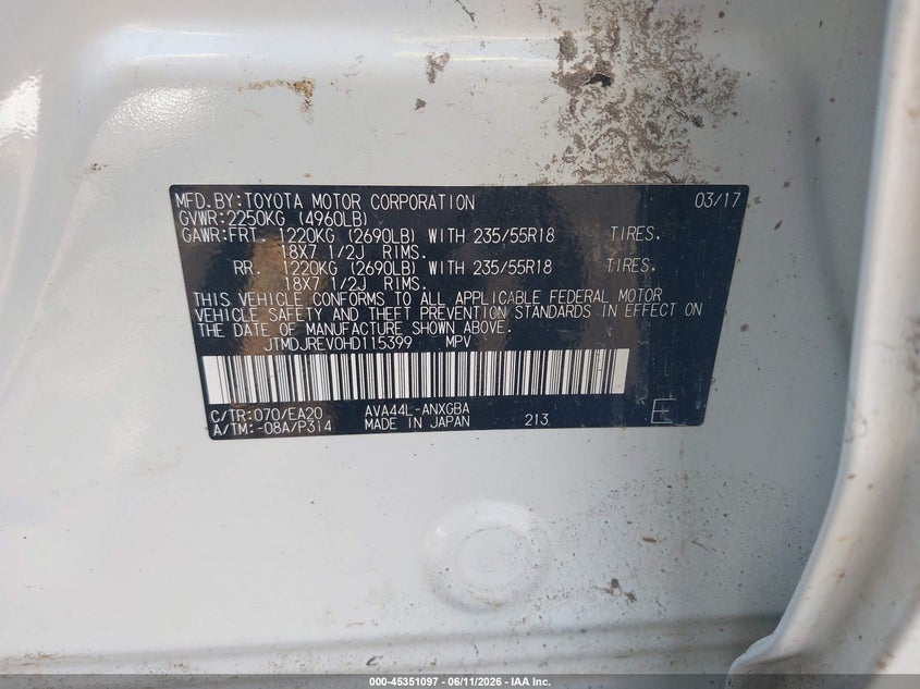 2017 Toyota VIN JTMDJREV0HD115399 IAAI salvage auction — FRONT END, Mv-907A (New York), sold $4,250 on 2026-07-29 (photo 9)