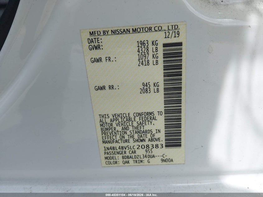 2020 Nissan Altima VIN 1N4BL4BV5LC208383 IAAI salvage auction — SIDE, Salvage Title, sold $2,250 on 2026-07-25 (photo 9)