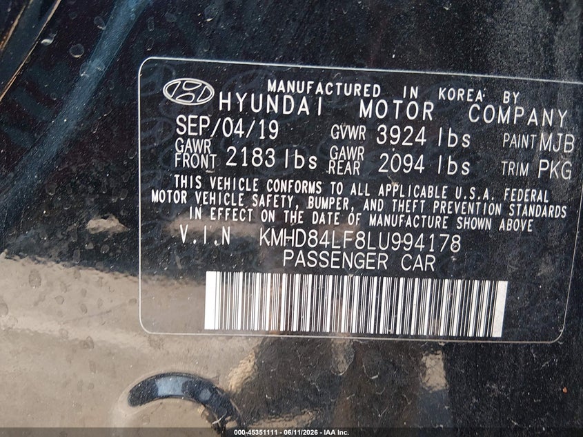 2020 Hyundai Elantra VIN KMHD84LF8LU994178 IAAI salvage auction — REAR END, Salvage (North Carolina), sold $2,100 on 2026-07-30 (photo 9)