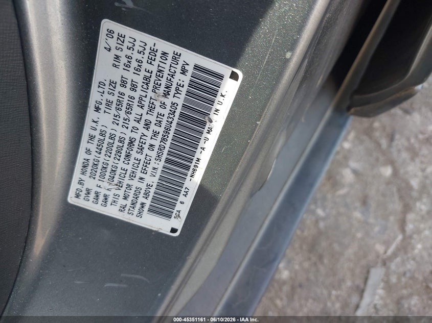 2006 Honda Cr-v VIN SHSRD78596U433405 IAAI salvage auction — NORMAL WEAR, Clear (Pennsylvania), sold $500 on 2026-07-10 (photo 9)