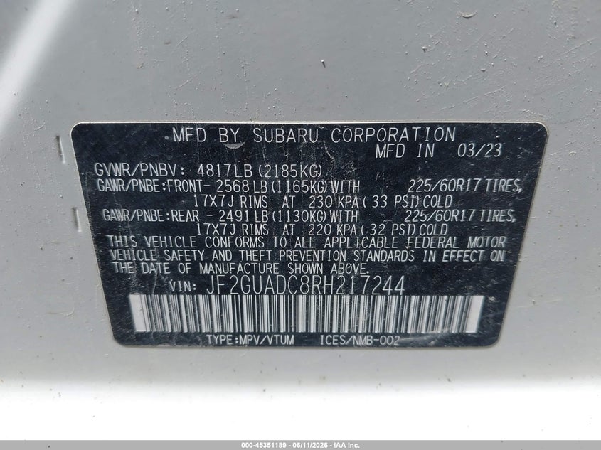 2024 Subaru Xv VIN JF2GUADC8RH217244 IAAI salvage auction — FRONT END, Salvage Title, sold $3,250 on 2026-07-28 (photo 9)