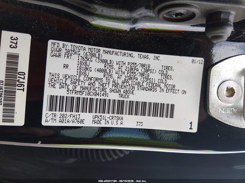 2012 Toyota Tundra VIN 5TFRM5F10CX041491 IAAI salvage auction — RIGHT SIDE, Rebuildable (Florida), sold $2,500 on 2026-07-16 (photo 9)