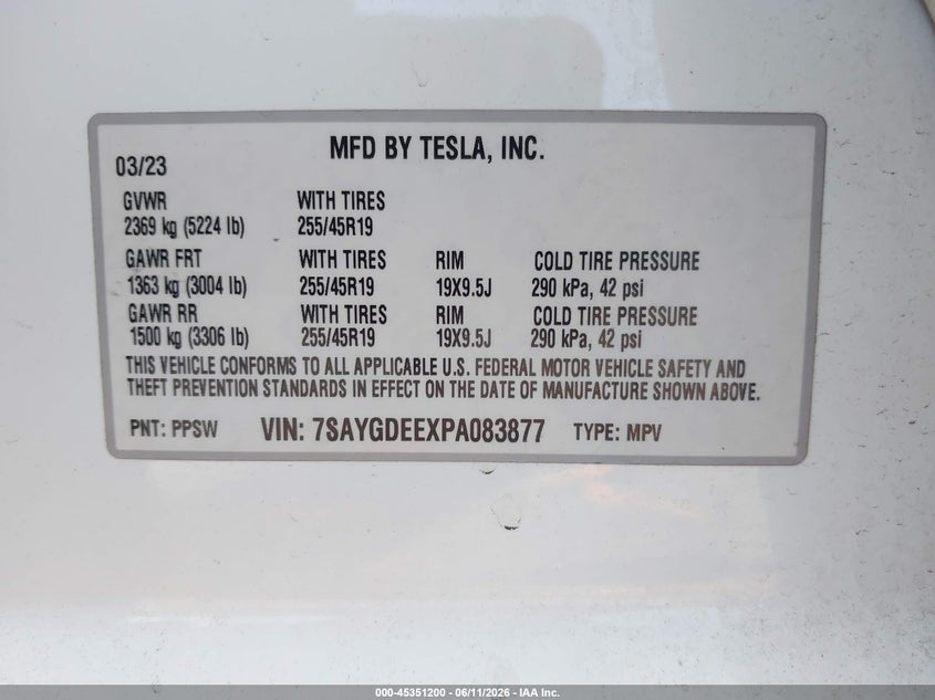 2023 Tesla Model y VIN 7SAYGDEEXPA083877 IAAI salvage auction — FRONT END, Salvage Title, sold $9,000 on 2026-07-23 (photo 9)