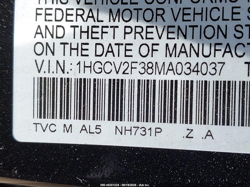 2021 Honda Accord VIN 1HGCV2F38MA034037 IAAI salvage auction — FRONT & REAR, Salvage Title, sold $4,850 on 2026-07-19 (photo 9)
