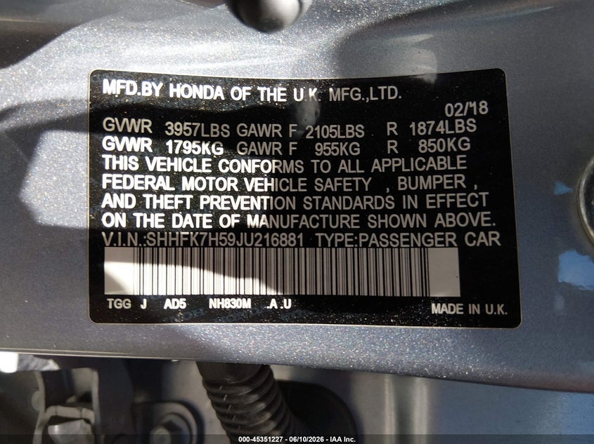 2018 Honda Civic VIN SHHFK7H59JU216881 IAAI salvage auction — LEFT FRONT, Original (Texas), sold $5,000 on 2026-07-29 (photo 9)