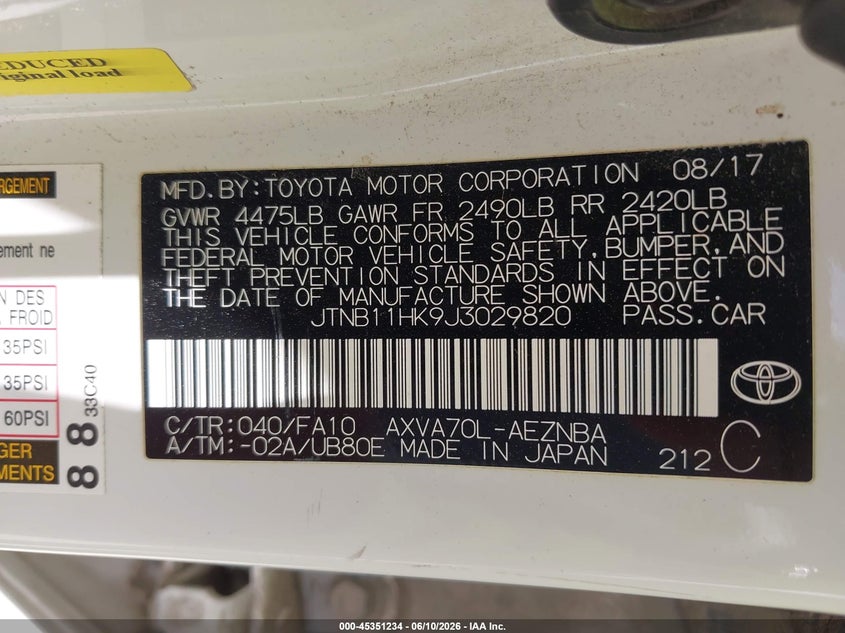 2018 Toyota Camry VIN JTNB11HK9J3029820 IAAI salvage auction — ROOF, Original (Texas), sold $4,750 on 2026-07-18 (photo 9)