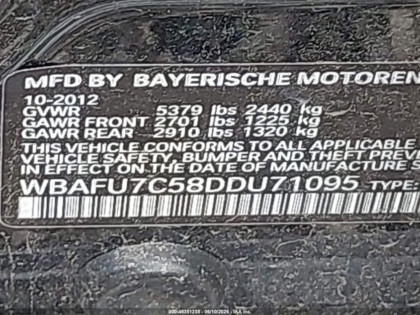 2013 BMW 5er VIN WBAFU7C58DDU71095 IAAI salvage auction — FRONT & REAR, Salvage Title, sold $675 on 2026-07-14 (photo 9)