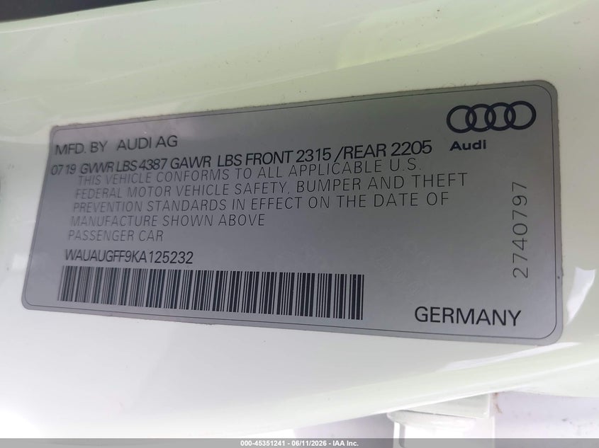 2019 Audi A3 VIN WAUAUGFF9KA125232 IAAI salvage auction — ROLLOVER, Rebuildable (Florida), sold $1,250 on 2026-07-23 (photo 9)
