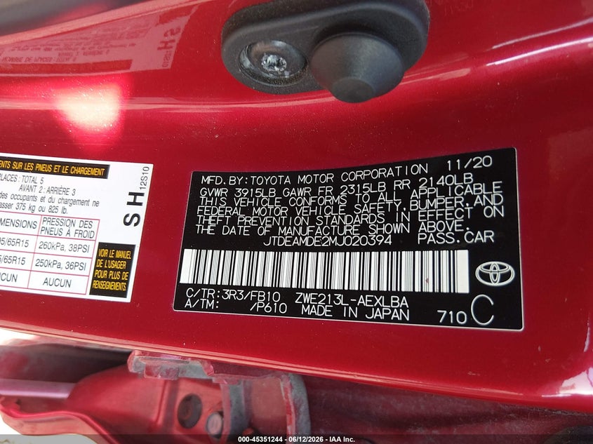 2021 Toyota Corolla VIN JTDEAMDE2MJ020394 IAAI salvage auction — FRONT END, Salvage Title, sold $1,050 on 2026-07-28 (photo 9)