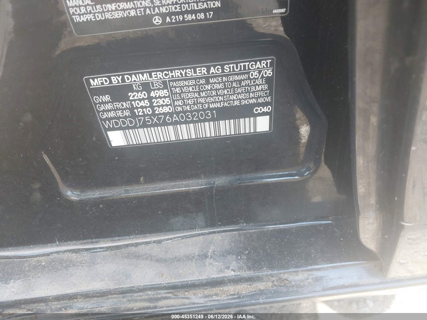 2006 Mercedes-benz Cls-class VIN WDDDJ75X76A032031 IAAI salvage auction — ALL OVER, Bill Of Sale (New York), sold $450 on 2026-07-14 (photo 9)