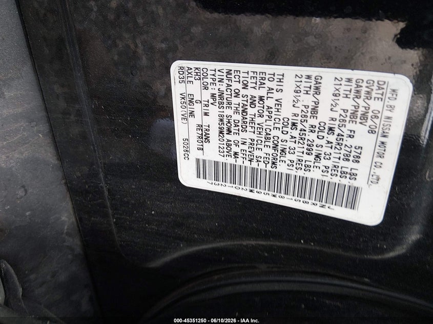 2009 Infiniti Fx50 VIN JNRBS18W59M201237 IAAI salvage auction — FRONT & REAR, Bill Of Sale (New York), sold $550 on 2026-07-14 (photo 9)