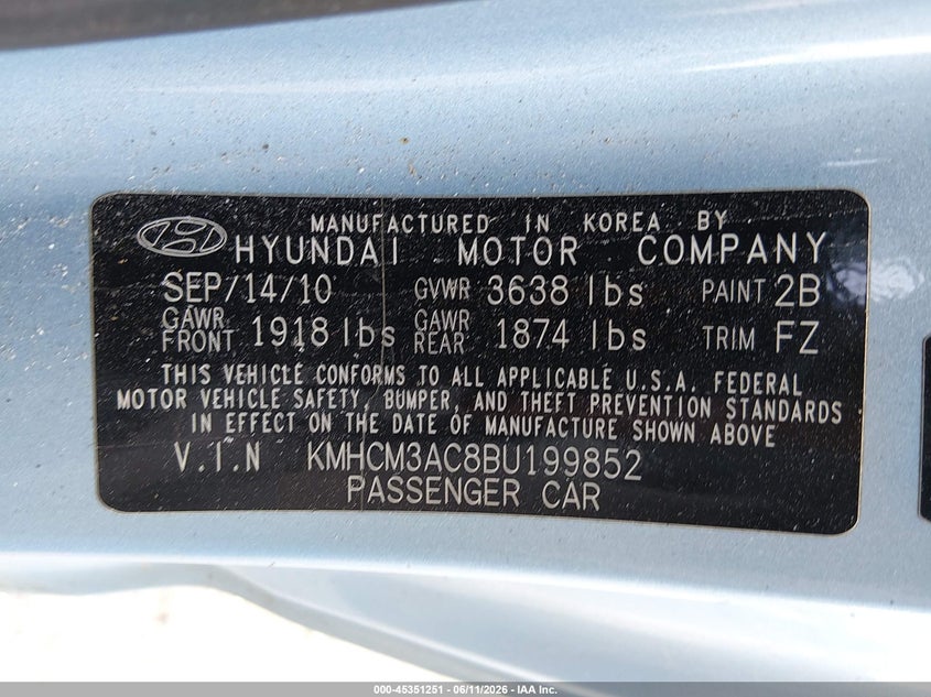 2011 Hyundai Accent VIN KMHCM3AC8BU199852 IAAI salvage auction — NORMAL WEAR, Clear (Georgia), sold $250 on 2026-07-09 (photo 9)