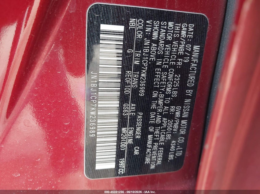 2019 Nissan Rogue VIN JN1BJ1CP7KW236989 IAAI salvage auction — REAR END, Original (Texas), sold $2,350 on 2026-07-26 (photo 9)