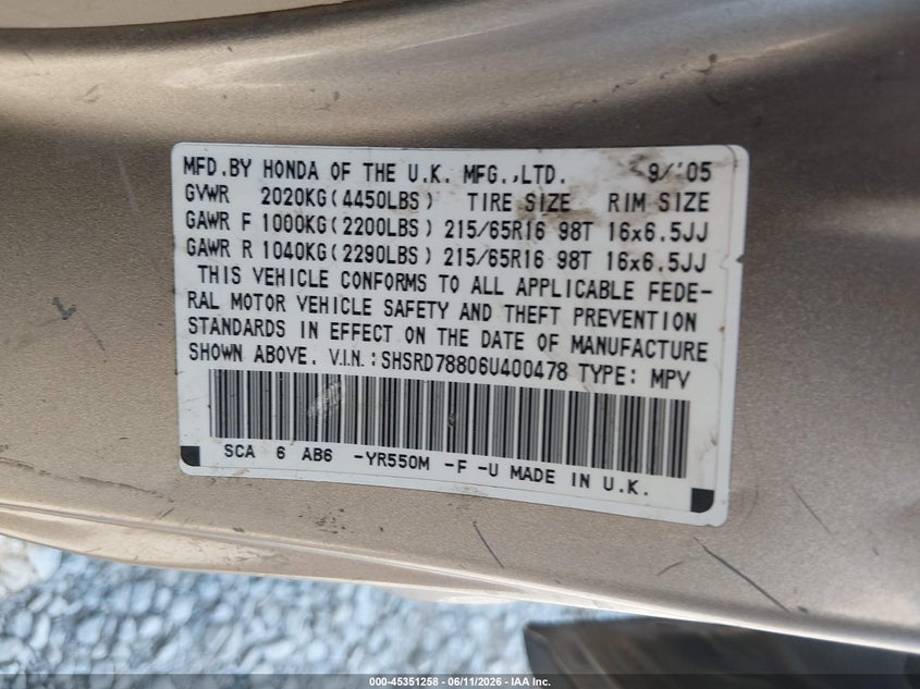2006 Honda Cr-v VIN SHSRD78806U400478 IAAI salvage auction — FRONT END, Salvage (Ohio), sold $550 on 2026-07-15 (photo 9)