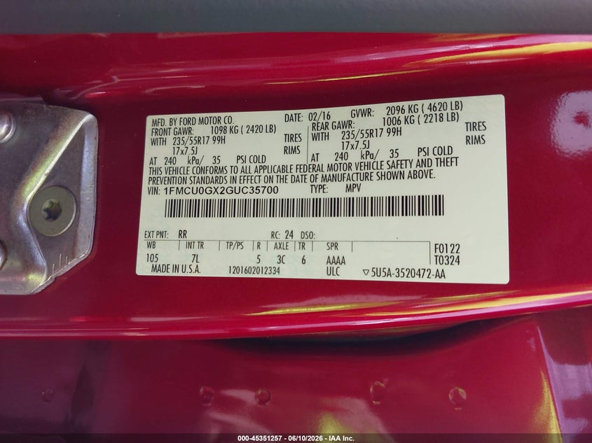 2016 Ford Escape VIN 1FMCU0GX2GUC35700 IAAI salvage auction — FRONT & REAR, Salvage Title, sold $2,300 on 2026-07-25 (photo 9)