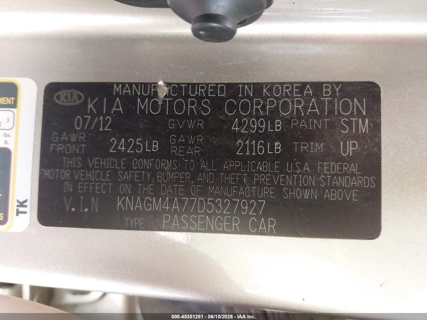 2013 Kia Optima VIN KNAGM4A77D5327927 IAAI salvage auction — FRONT END, Salvage - Greater Than 75% (Maryland), sold $675 on 2026-07-14 (photo 9)