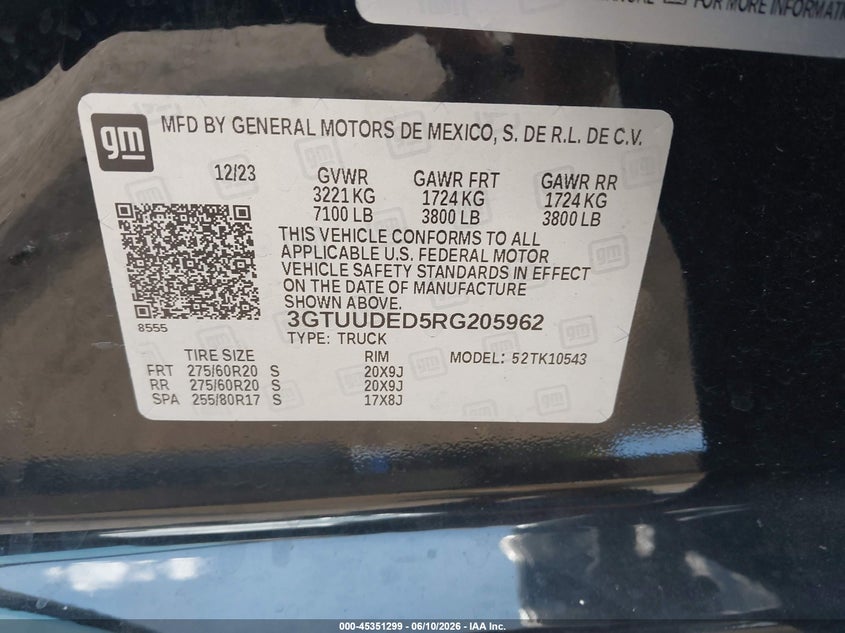 2024 Gmc SIERRA VIN 3GTUUDED5RG205962 IAAI salvage auction — FRONT END, Salvage (Arkansas), sold $16,600 on 2026-07-29 (photo 9)