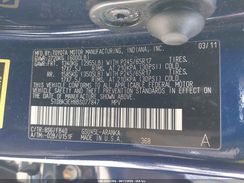 2011 Toyota Highlander VIN 5TDBK3EH8BS077847 IAAI salvage auction — LEFT FRONT, Salvage (Georgia), sold $2,100 on 2026-08-01 (photo 9)