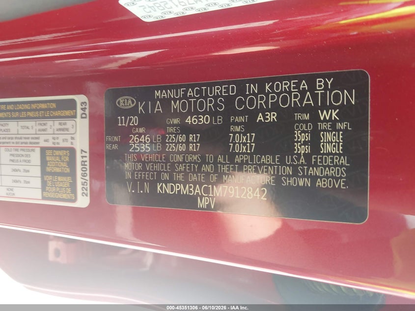 2021 Kia Sportage VIN KNDPM3AC1M7912842 IAAI salvage auction — FRONT END, Salvage Title, sold $2,500 on 2026-07-23 (photo 9)