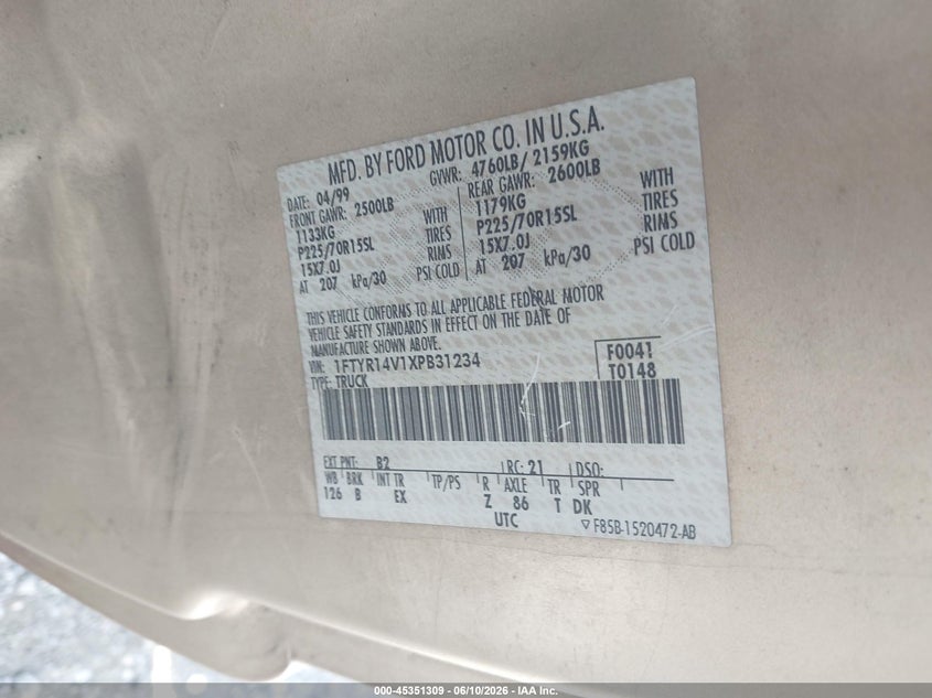 1999 Ford Ranger VIN 1FTYR14V1XPB31234 IAAI salvage auction — SIDE, Salvage (Georgia), sold $550 on 2026-07-10 (photo 9)