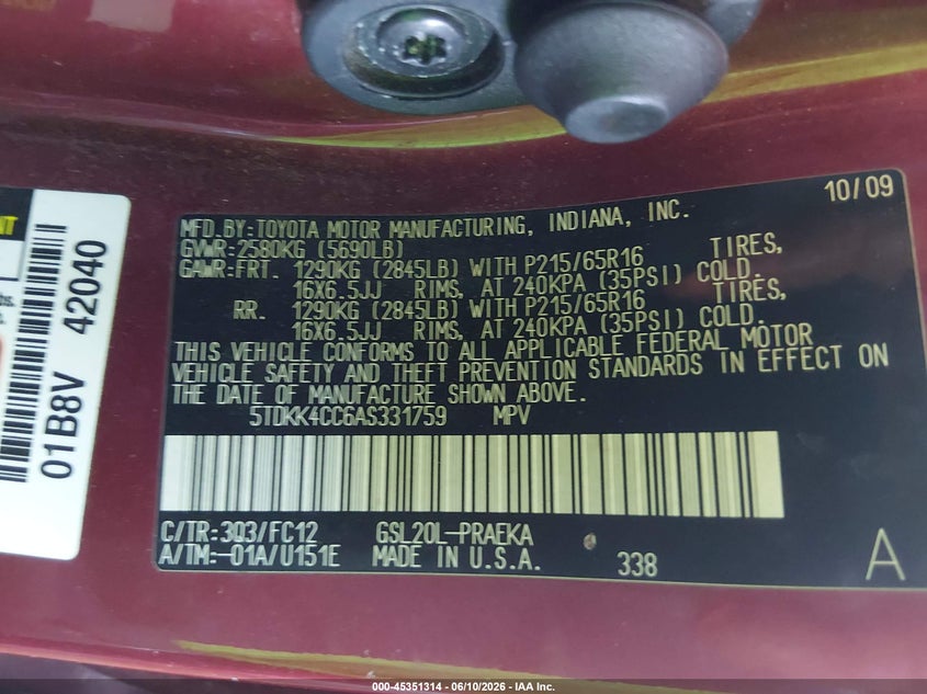 2010 Toyota Sienna VIN 5TDKK4CC6AS331759 IAAI salvage auction — LEFT REAR, Salvage (Arizona), sold $450 on 2026-07-21 (photo 9)