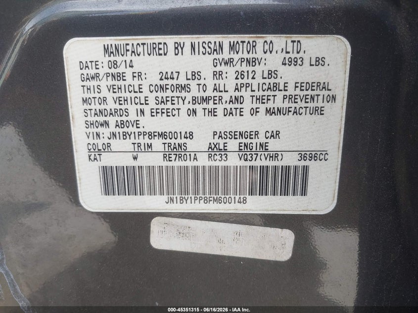 2015 Infiniti Q70 VIN JN1BY1PP8FM600148 IAAI salvage auction — UNDERCARRIAGE, Salvage (North Carolina), sold $3,700 on 2026-07-20 (photo 9)