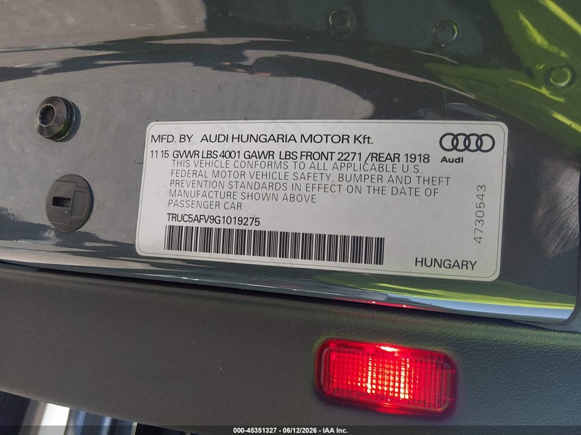 2016 Audi Tt VIN TRUC5AFV9G1019275 IAAI salvage auction — RIGHT FRONT, Salvage (Illinois), sold $4,000 on 2026-07-18 (photo 9)
