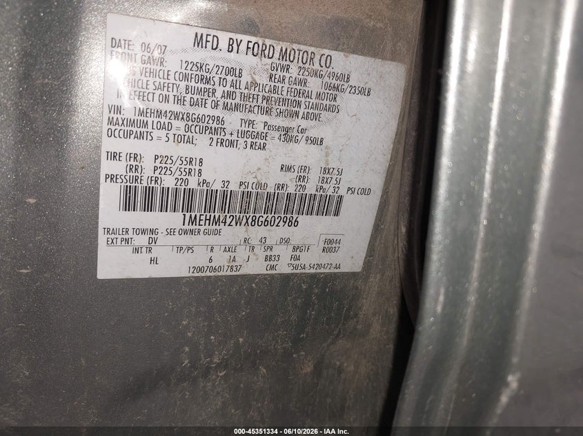 2008 Mercury Sable VIN 1MEHM42WX8G602986 IAAI salvage auction — NORMAL WEAR, Clear-Endorsement (Wisconsin), sold $500 on 2026-09-04 (photo 9)