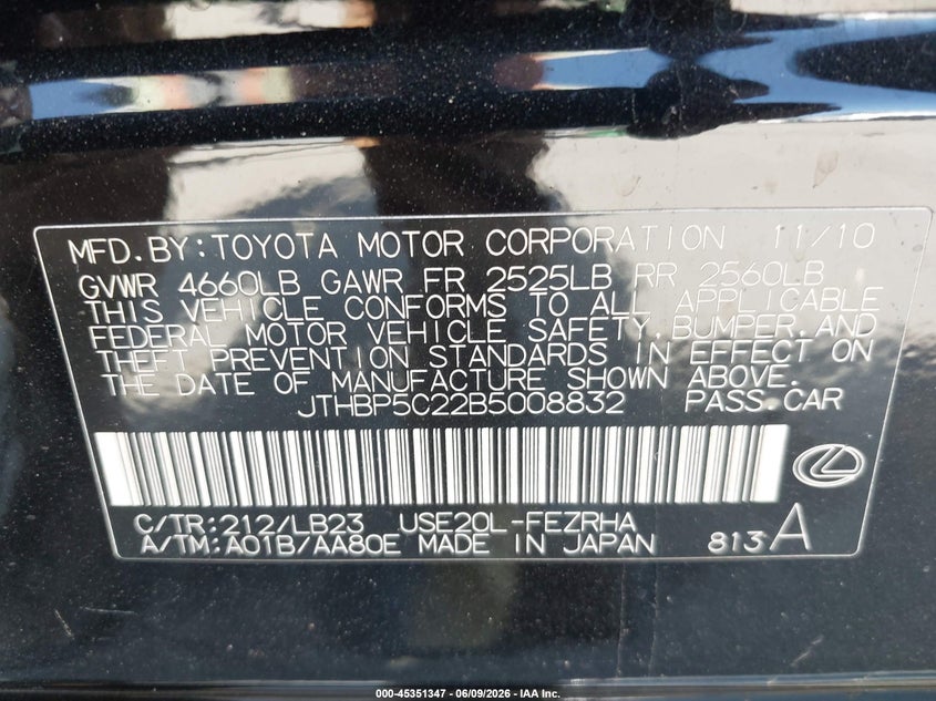 2011 Lexus Is f VIN JTHBP5C22B5008832 IAAI salvage auction — ROLLOVER, Non-Repairable (California), sold $6,100 on 2026-07-08 (photo 9)